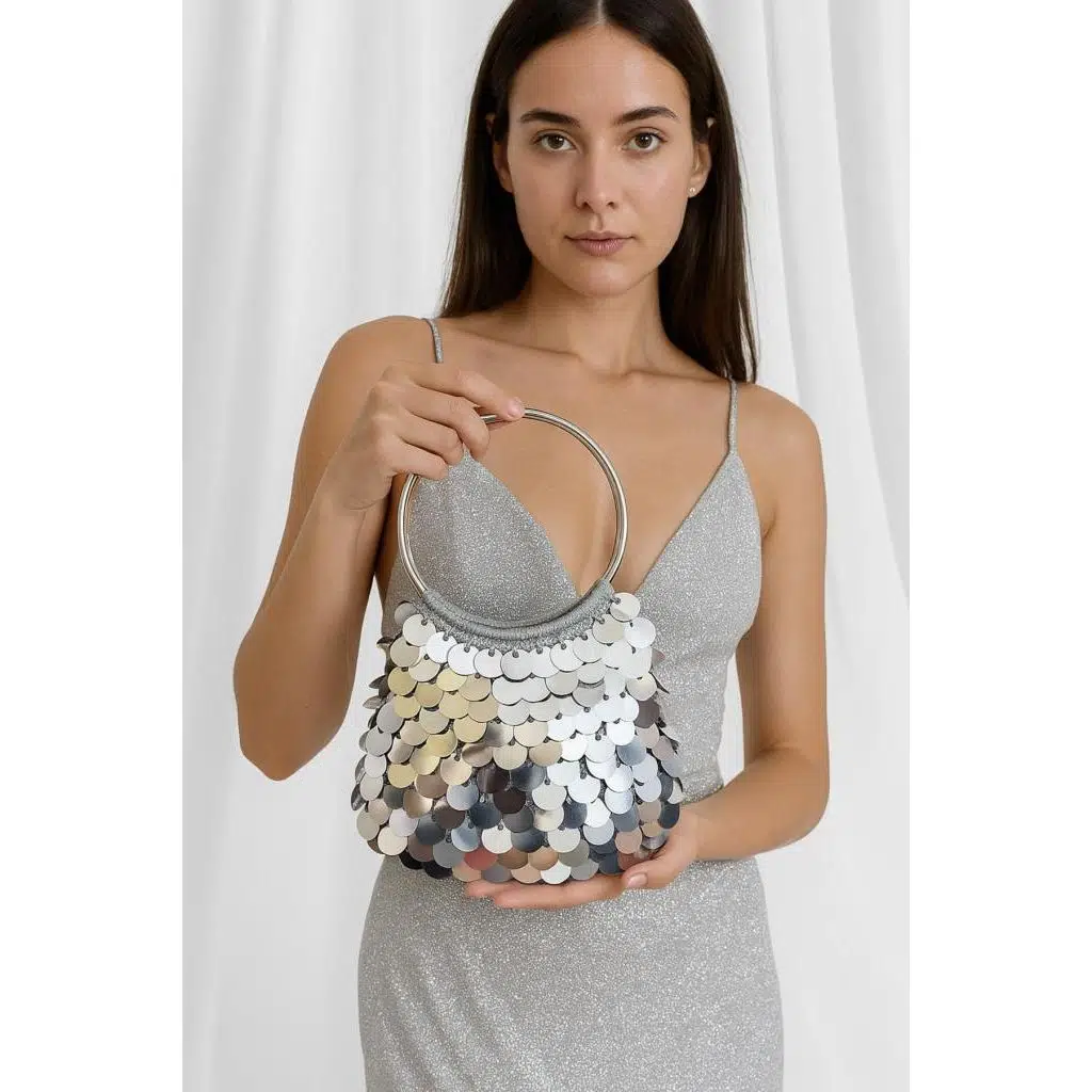  Pullu Gümüş Payetli Abiye Çanta Düğün, Nişan, Şık Geceler için Ideal