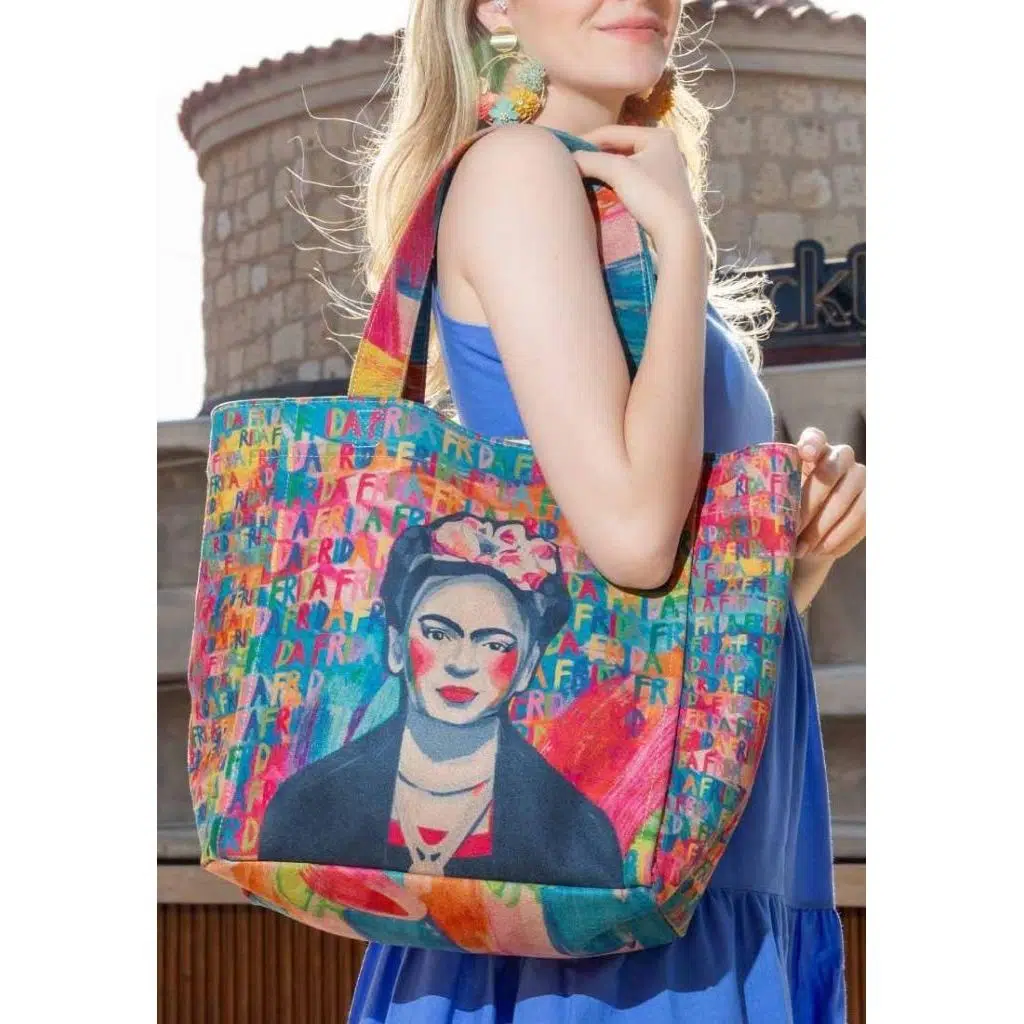 Kadın Vegan Çok Renkli Large Tote Bag - Frida Kahlo in Letters Tasarım