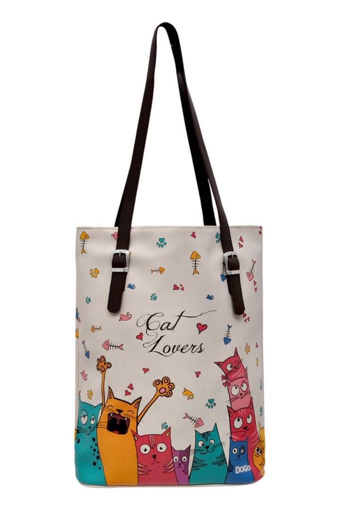 Kadın Vegan Deri Bej Omuz Çantası - Cat Lovers Tasarım