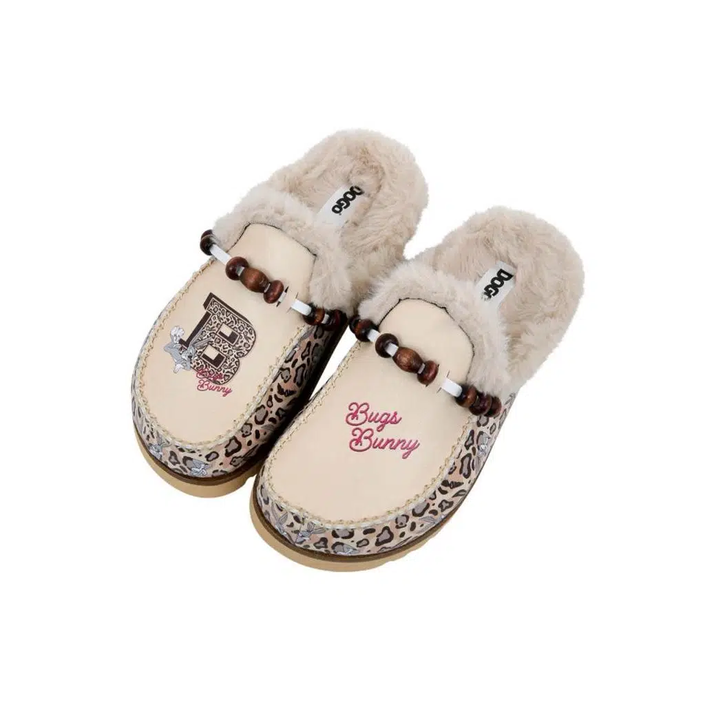 Kadın Vegan Deri Krem İçi Peluş Terlik - Warner Bros Leopard Bugs Bunny Tasarım