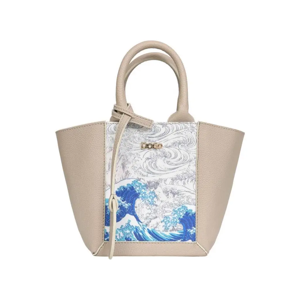 Kadın Vegan Deri Krem Tote Bag - Japanese Waves Tasarım