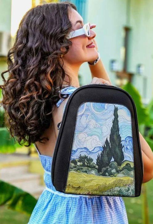 Kadın Vegan Deri Siyah Sırt Çantası - Vincent van Gogh A Wheat Field with Cypresses Tasarım