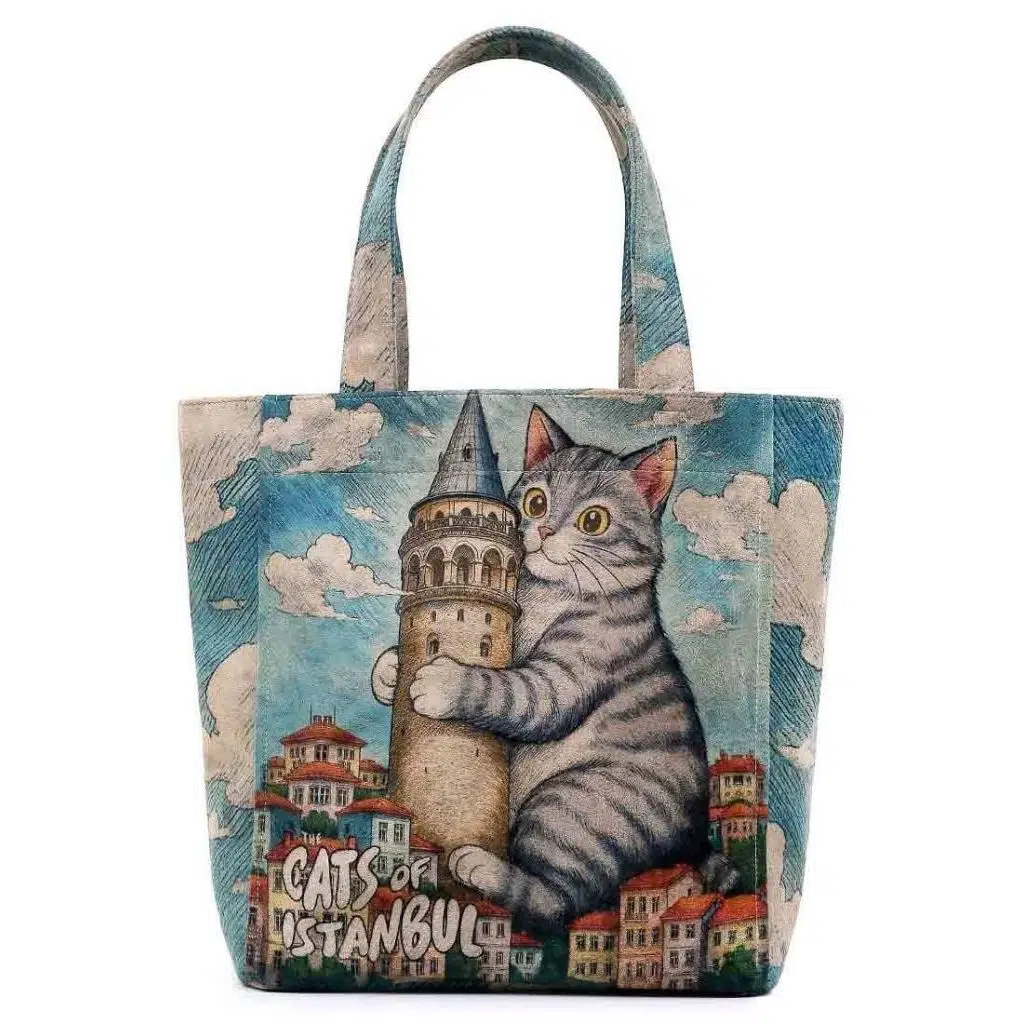 Kadın Vegan Mavi Large Tote Bag - Galata Cat Tasarım