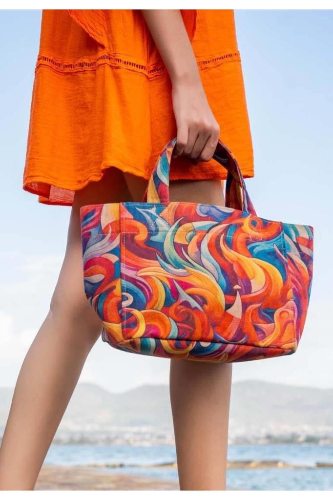 Kadın Vegan Mavi Medium Tote Bag - Spirals of Colour Tasarım