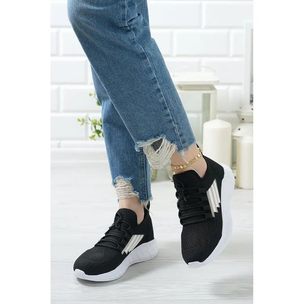  Kadın Hafif Rahat Textil Siyah Beyaz Spor Ayakkabı Siyah Beyaz